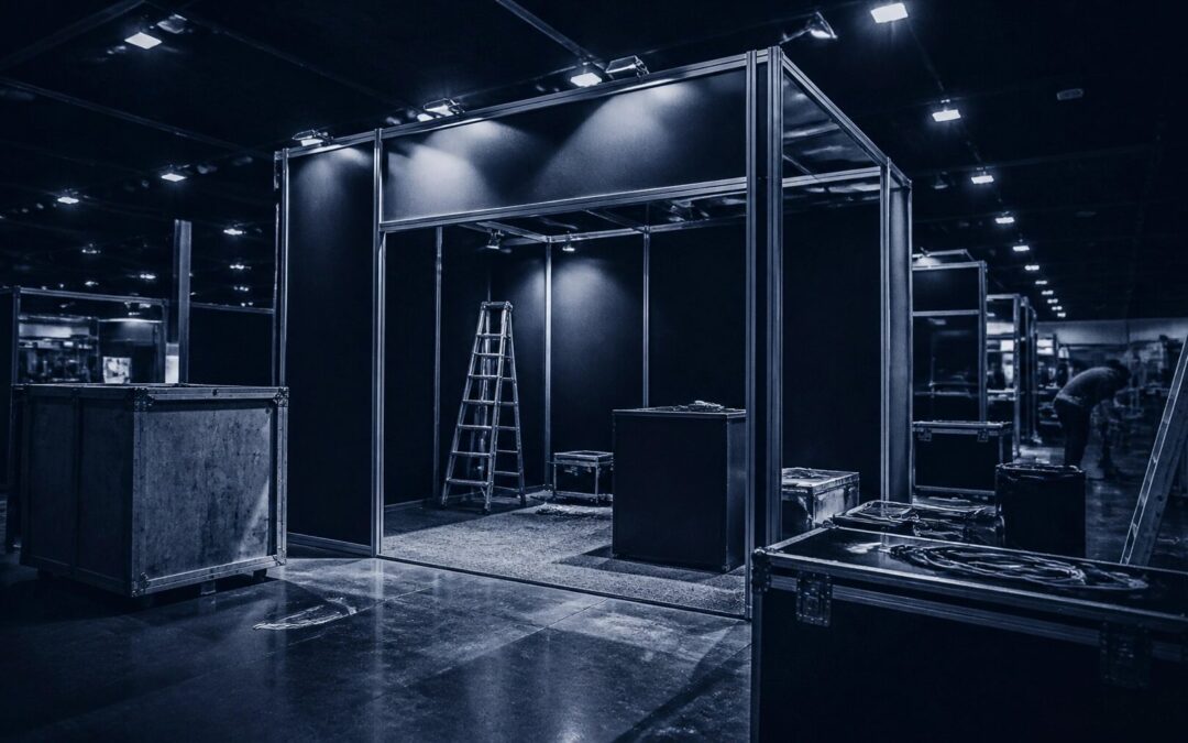 A wide-angle, high-contrast photograph of a 10x10 trade show booth under construction in a dimly lit convention hall. The image is treated with a deep navy blue monochromatic overlay and a heavy layer of digital grain. Sharp highlights define the edges of metal booth frames and crates. The atmosphere is industrial and professional, capturing the focused energy of a pre-show setup.